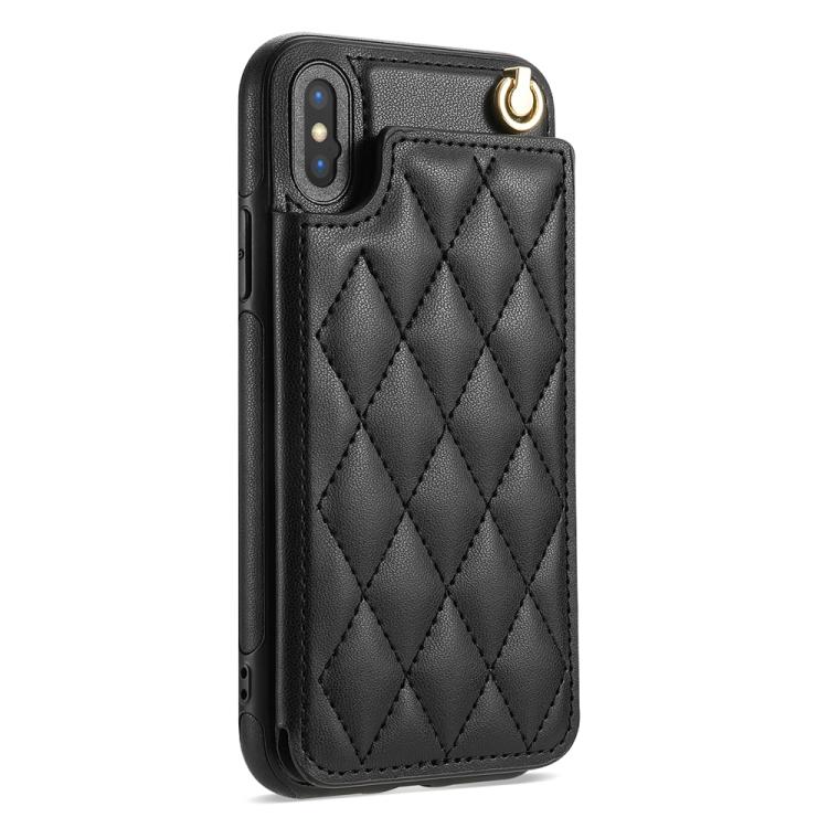 For iPhone X / XS Rhombic Dual Buckle Card Slots Phone Case with Lanyard
