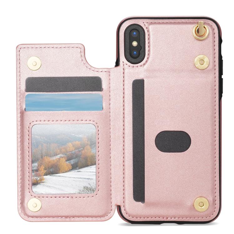 For iPhone X / XS Rhombic Dual Buckle Card Slots Phone Case with Lanyard