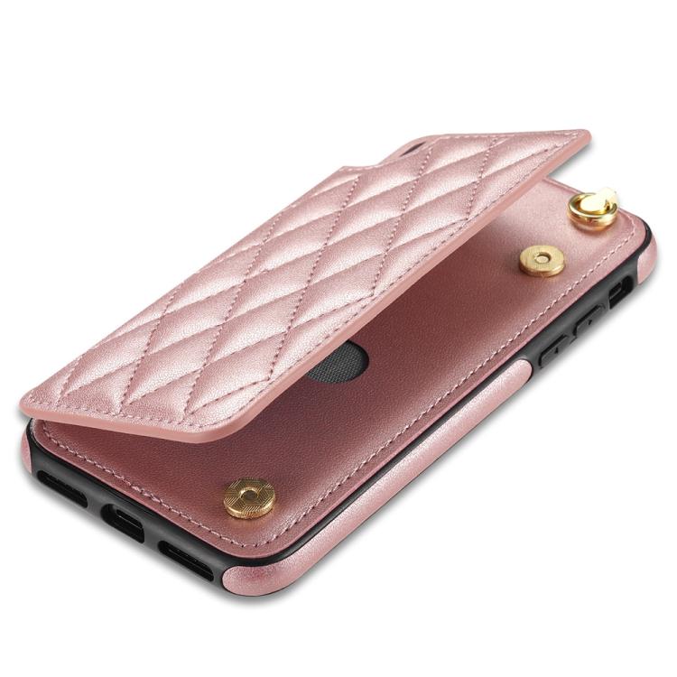 For iPhone X / XS Rhombic Dual Buckle Card Slots Phone Case with Lanyard