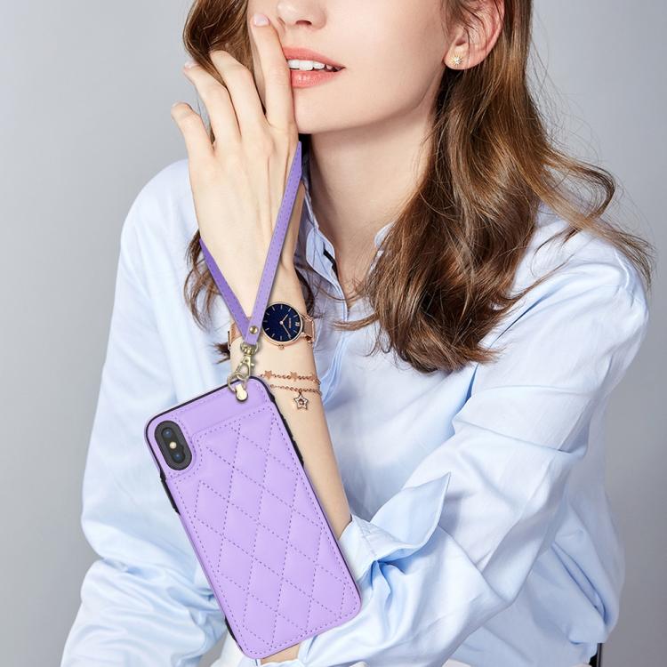 For iPhone X / XS Rhombic Dual Buckle Card Slots Phone Case with Lanyard