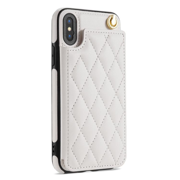 For iPhone XR Rhombic Dual Buckle Card Slots Phone Case with Lanyard