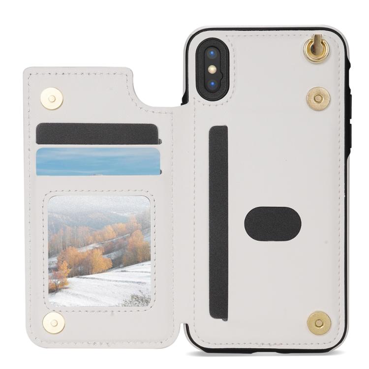 For iPhone XR Rhombic Dual Buckle Card Slots Phone Case with Lanyard