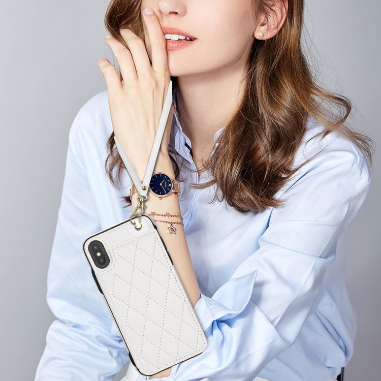 For iPhone XR Rhombic Dual Buckle Card Slots Phone Case with Lanyard