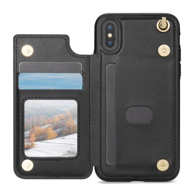 For iPhone XR Rhombic Dual Buckle Card Slots Phone Case with Lanyard