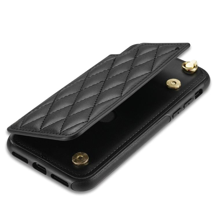 For iPhone XR Rhombic Dual Buckle Card Slots Phone Case with Lanyard