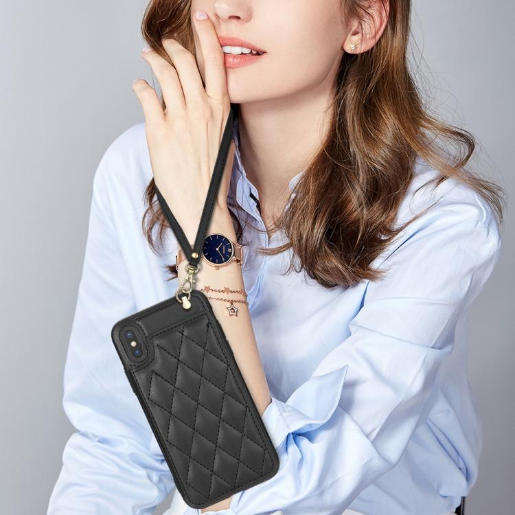 For iPhone XR Rhombic Dual Buckle Card Slots Phone Case with Lanyard