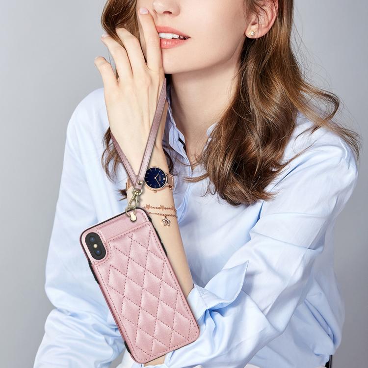 For iPhone XR Rhombic Dual Buckle Card Slots Phone Case with Lanyard