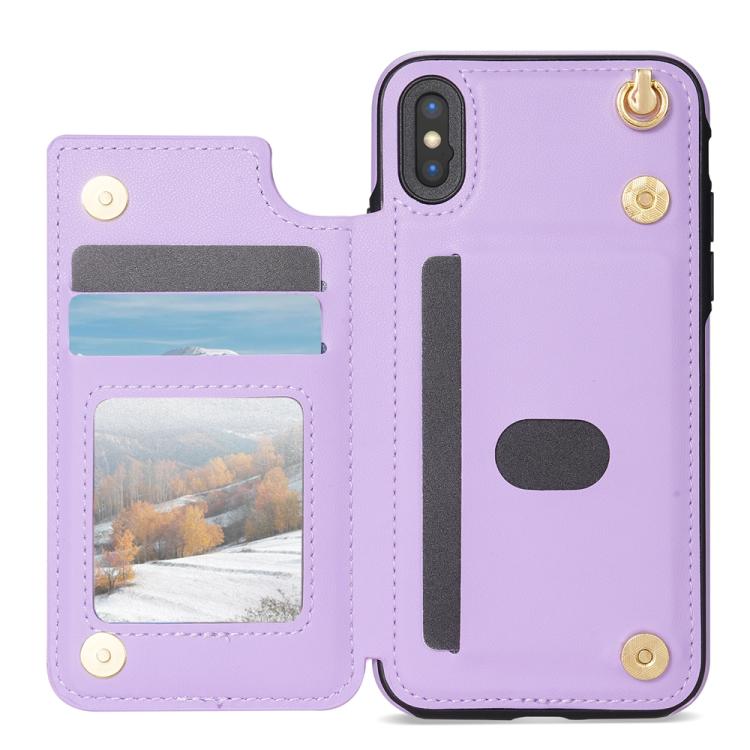 For iPhone XR Rhombic Dual Buckle Card Slots Phone Case with Lanyard