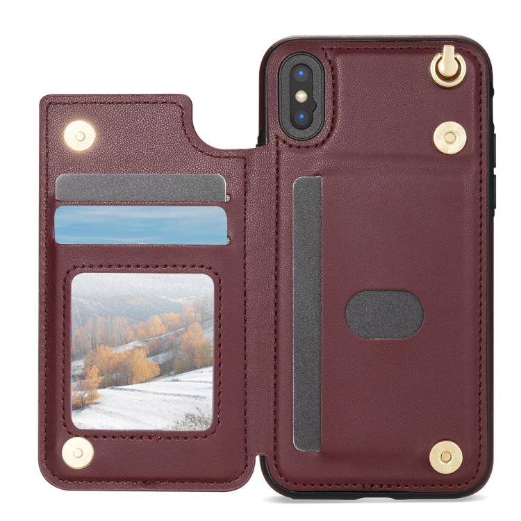 For iPhone XS Max Rhombic Dual Buckle Card Slots Phone Case with Lanyard