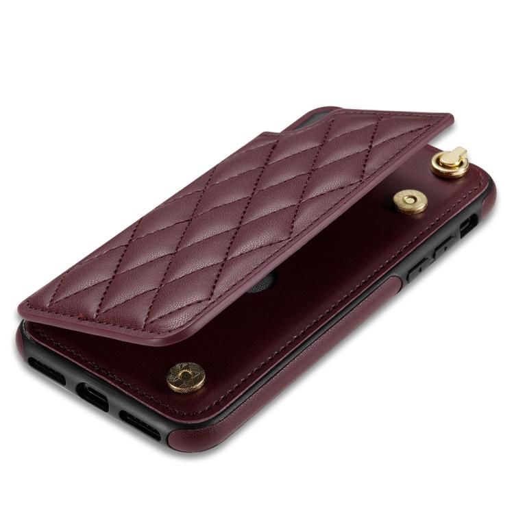 For iPhone XS Max Rhombic Dual Buckle Card Slots Phone Case with Lanyard