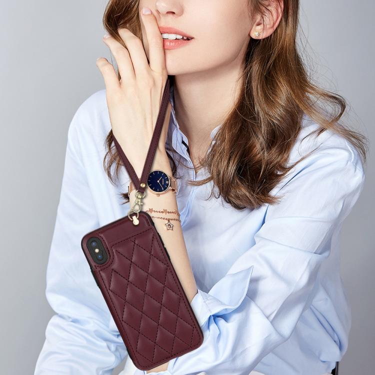 For iPhone XS Max Rhombic Dual Buckle Card Slots Phone Case with Lanyard