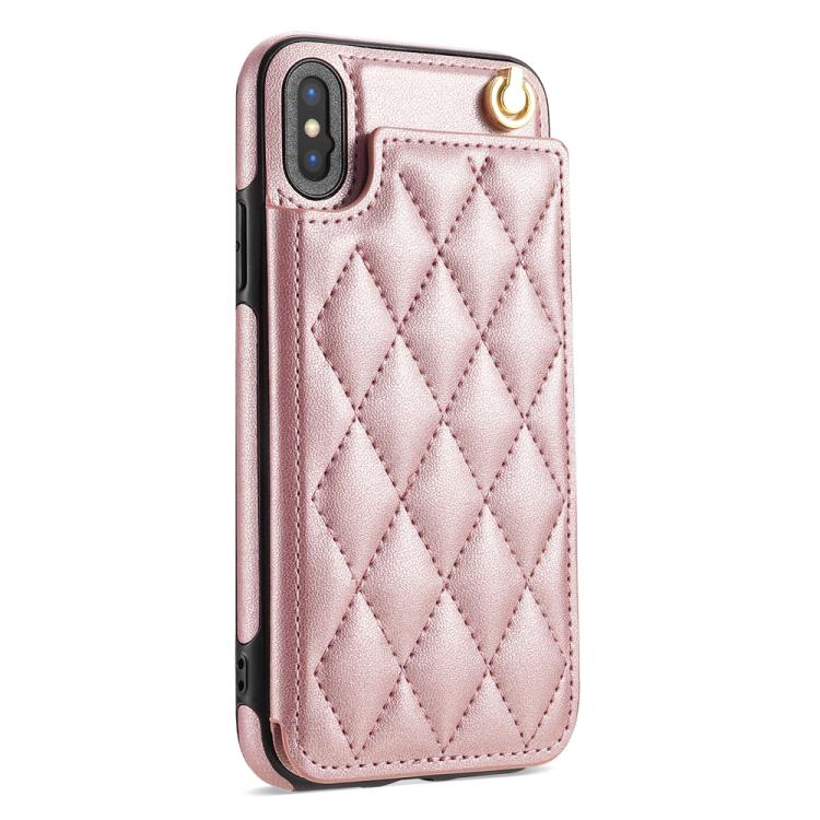 For iPhone XS Max Rhombic Dual Buckle Card Slots Phone Case with Lanyard