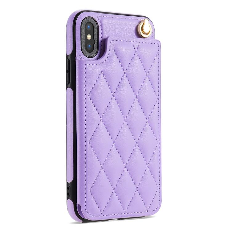 For iPhone XS Max Rhombic Dual Buckle Card Slots Phone Case with Lanyard