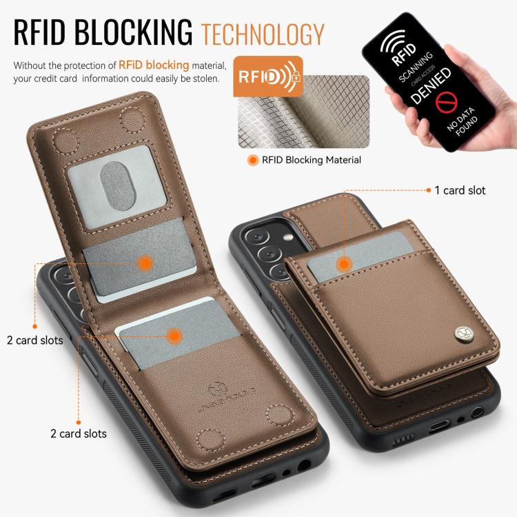 For Samsung Galaxy A13 5G JEEHOOD J06 British Style RFID MagSafe Card Bag PU Phone Case