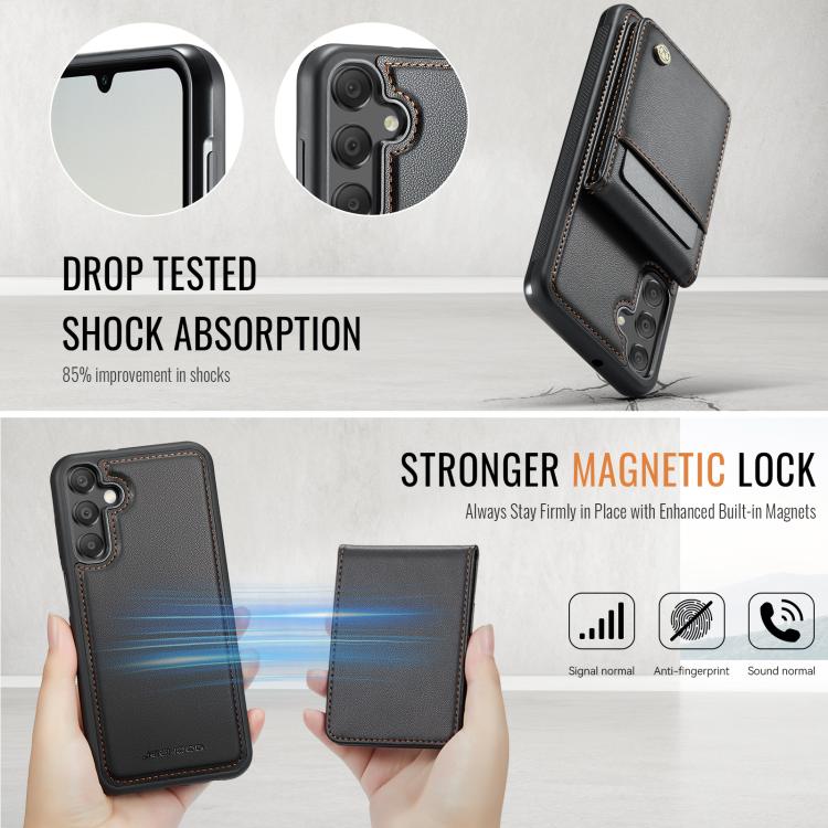 For Samsung Galaxy A15 JEEHOOD J06 British Style RFID MagSafe Card Bag PU Phone Case