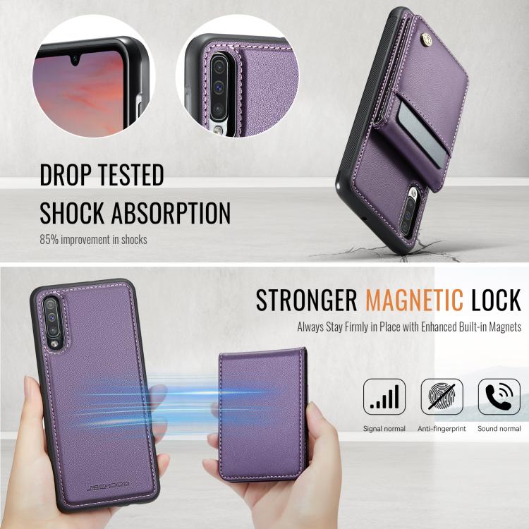 For Samsung Galaxy A50 JEEHOOD J06 British Style RFID MagSafe Card Bag PU Phone Case