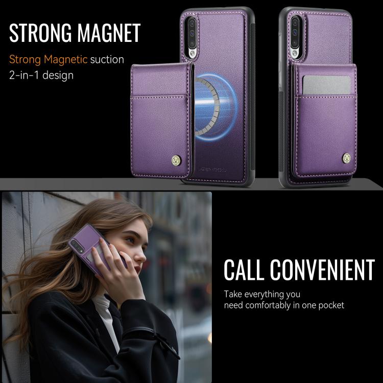 For Samsung Galaxy A50 JEEHOOD J06 British Style RFID MagSafe Card Bag PU Phone Case