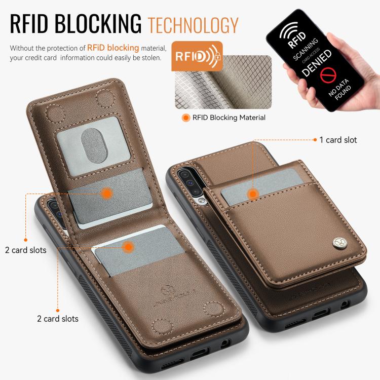 For Samsung Galaxy A50 JEEHOOD J06 British Style RFID MagSafe Card Bag PU Phone Case