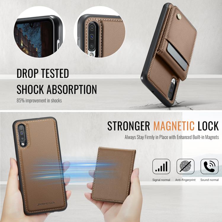 For Samsung Galaxy A50 JEEHOOD J06 British Style RFID MagSafe Card Bag PU Phone Case