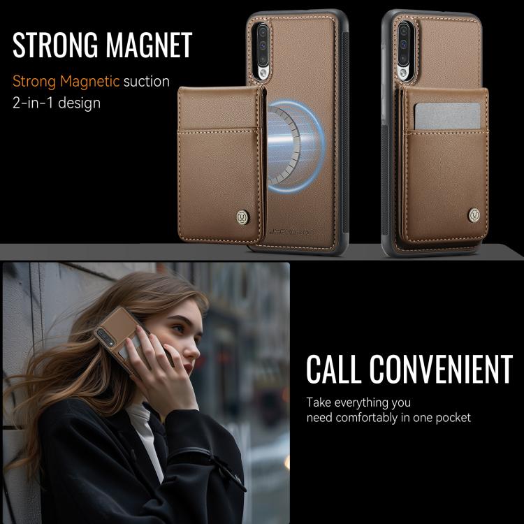 For Samsung Galaxy A50 JEEHOOD J06 British Style RFID MagSafe Card Bag PU Phone Case
