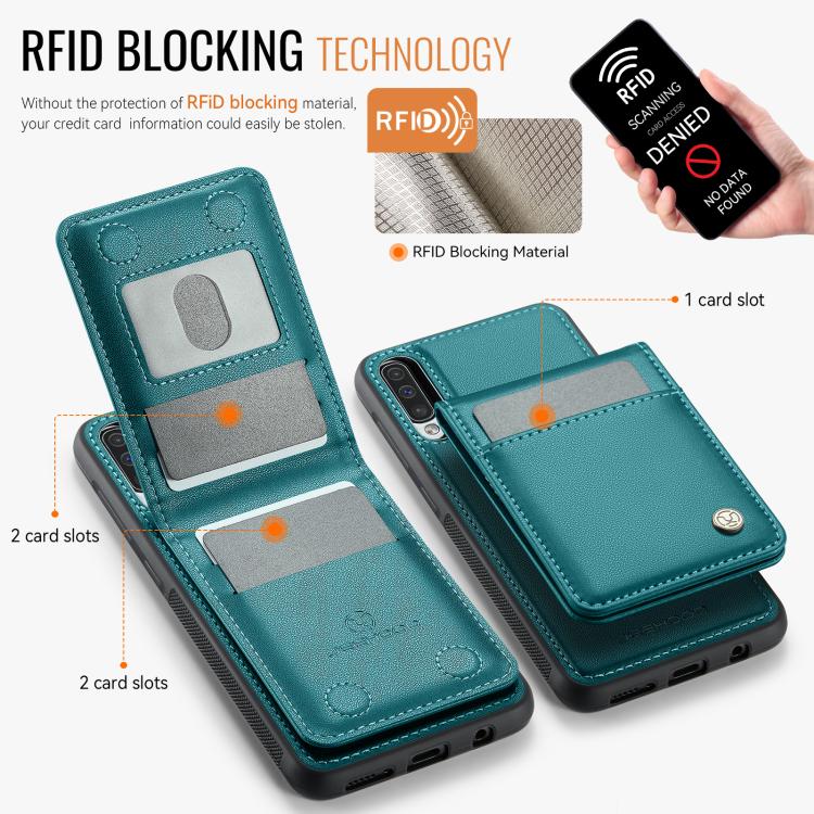 For Samsung Galaxy A50 JEEHOOD J06 British Style RFID MagSafe Card Bag PU Phone Case