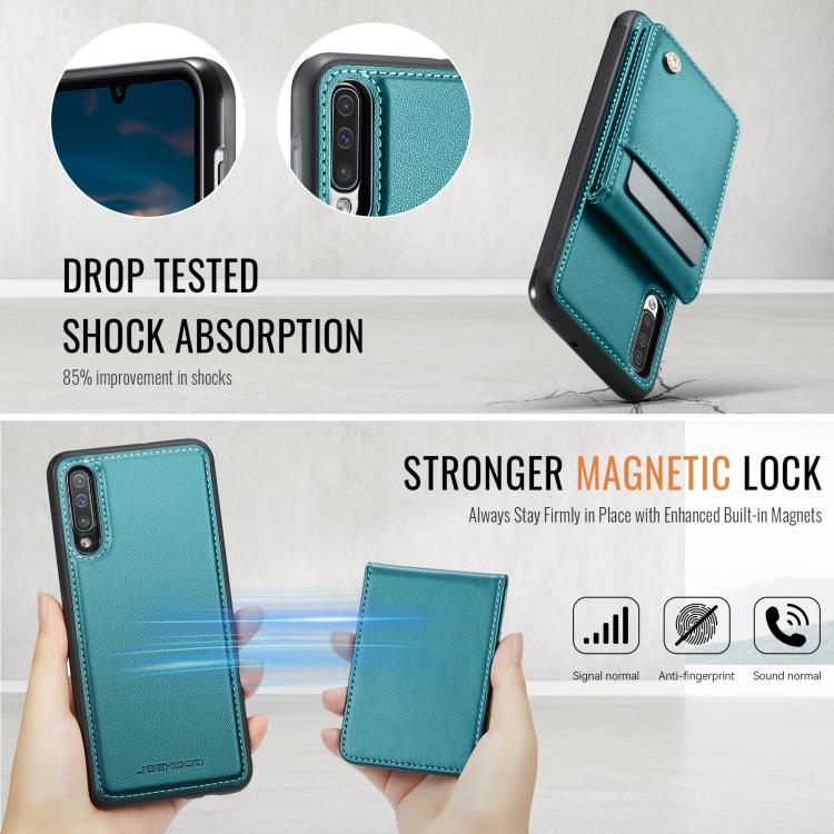 For Samsung Galaxy A50 JEEHOOD J06 British Style RFID MagSafe Card Bag PU Phone Case