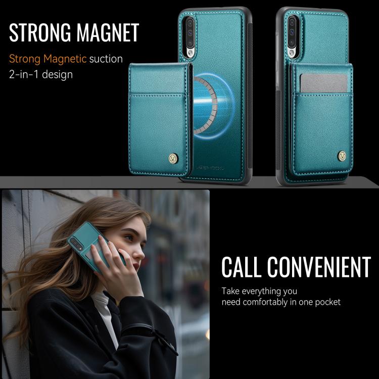 For Samsung Galaxy A50 JEEHOOD J06 British Style RFID MagSafe Card Bag PU Phone Case