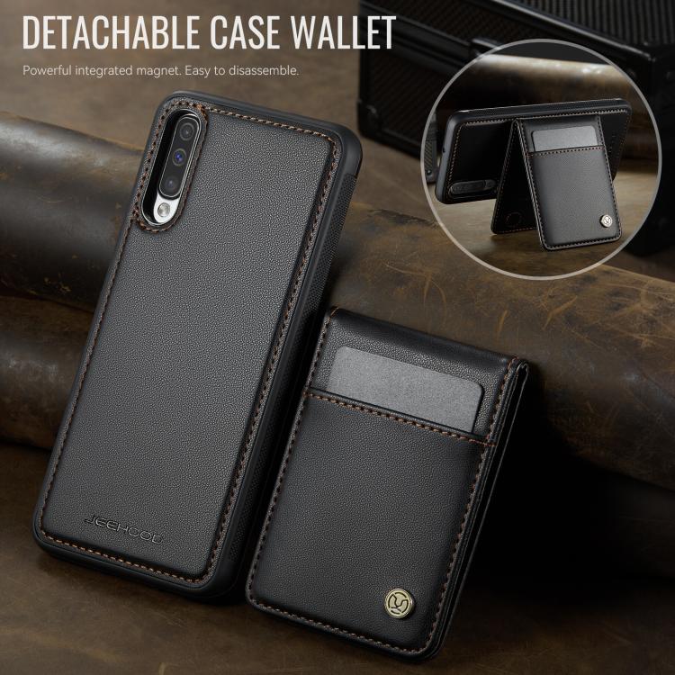 For Samsung Galaxy A50 JEEHOOD J06 British Style RFID MagSafe Card Bag PU Phone Case