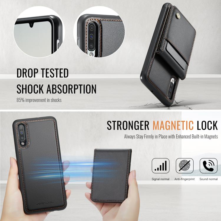 For Samsung Galaxy A50 JEEHOOD J06 British Style RFID MagSafe Card Bag PU Phone Case