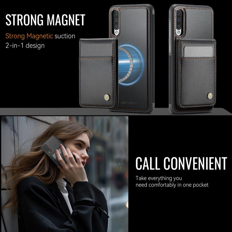For Samsung Galaxy A50 JEEHOOD J06 British Style RFID MagSafe Card Bag PU Phone Case
