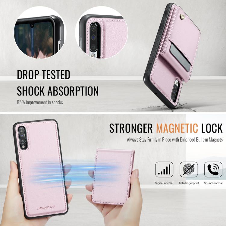 For Samsung Galaxy A50 JEEHOOD J06 British Style RFID MagSafe Card Bag PU Phone Case