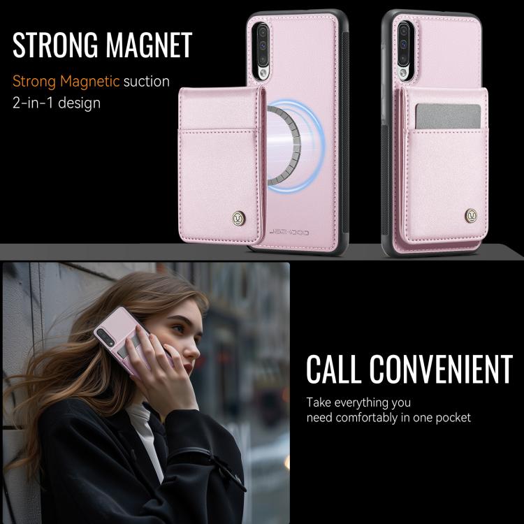 For Samsung Galaxy A50 JEEHOOD J06 British Style RFID MagSafe Card Bag PU Phone Case