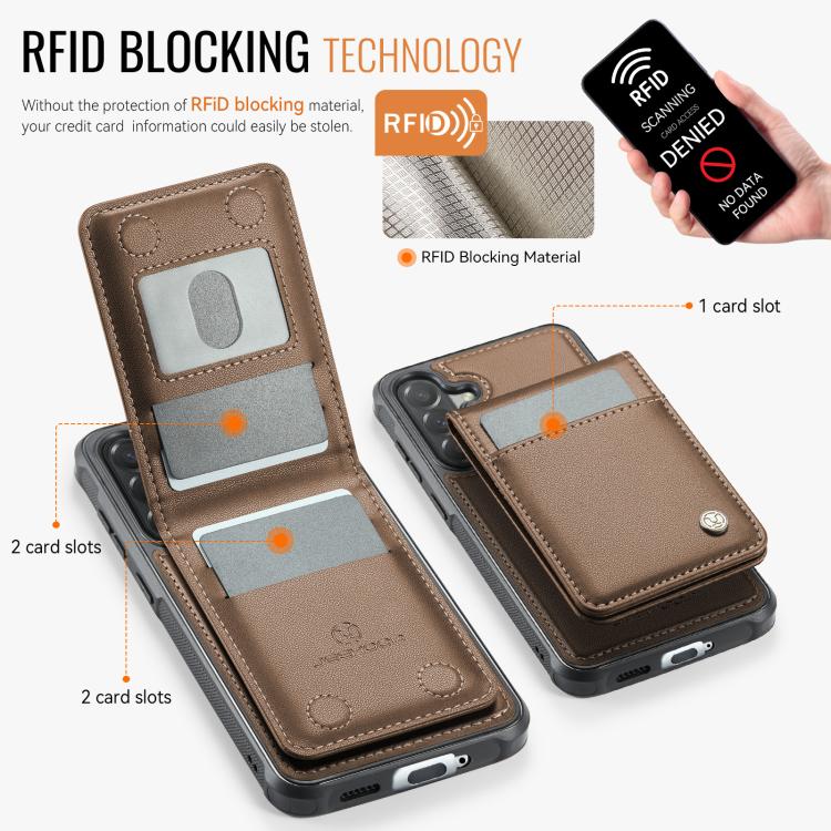 For Samsung Galaxy A57 5G JEEHOOD J06 British Style RFID MagSafe Card Bag PU Phone Case