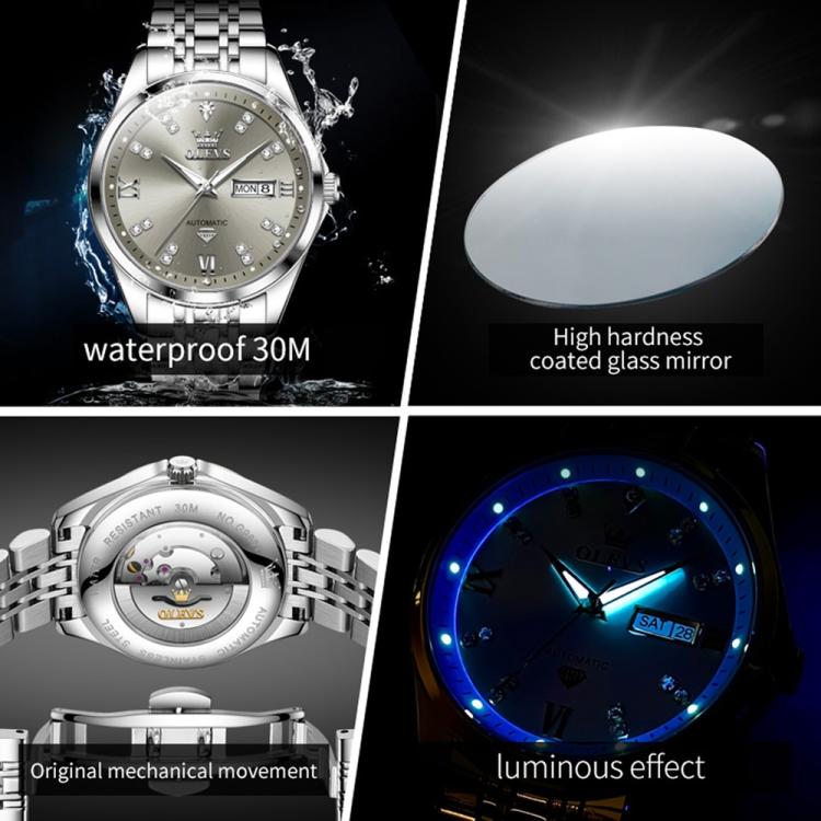 OLEVS 9801 Men Diamond Waterproof Dual Calendar Mechanical Watch