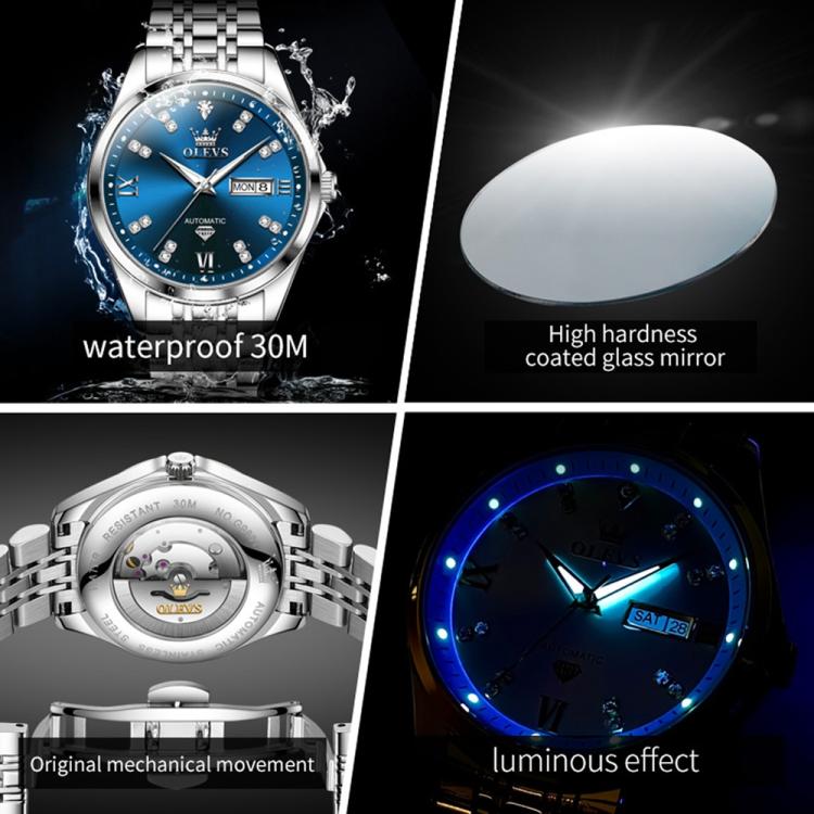 OLEVS 9801 Men Diamond Waterproof Dual Calendar Mechanical Watch