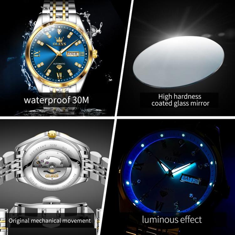 OLEVS 9801 Men Diamond Waterproof Dual Calendar Mechanical Watch