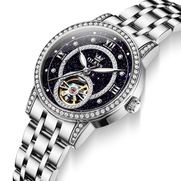 OLEVS 7036 Women Starry Sky Disk Luminous Skeleton Mechanical Watch