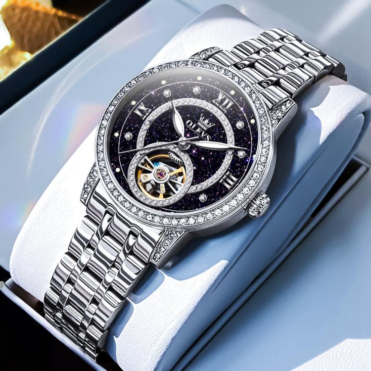 OLEVS 7036 Women Starry Sky Disk Luminous Skeleton Mechanical Watch