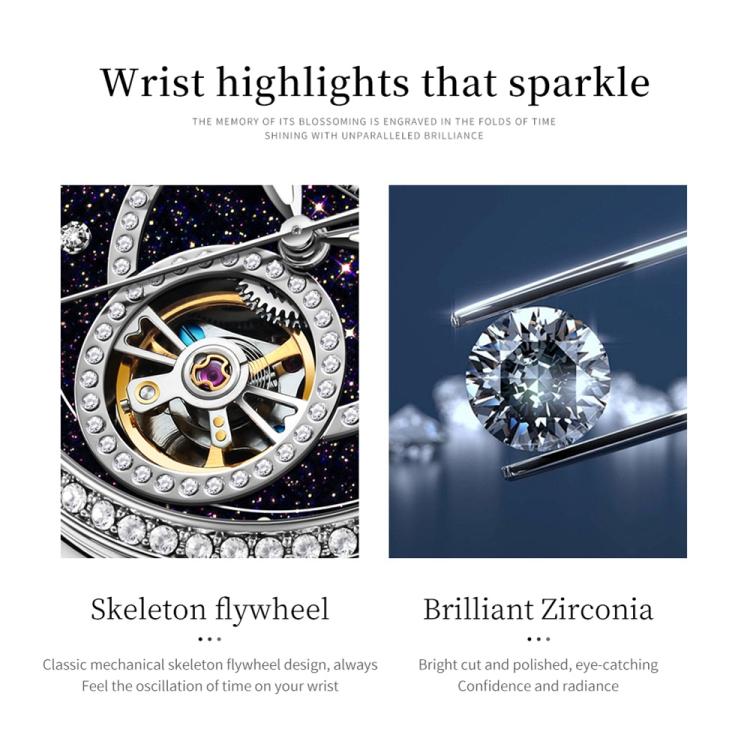 OLEVS 7036 Women Starry Sky Disk Luminous Skeleton Mechanical Watch