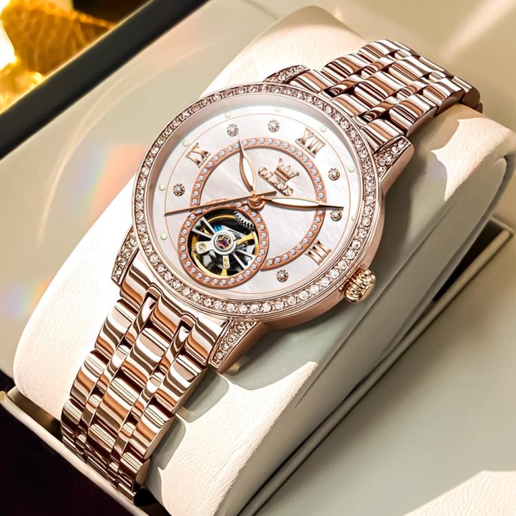 OLEVS 7036 Women Starry Sky Disk Luminous Skeleton Mechanical Watch