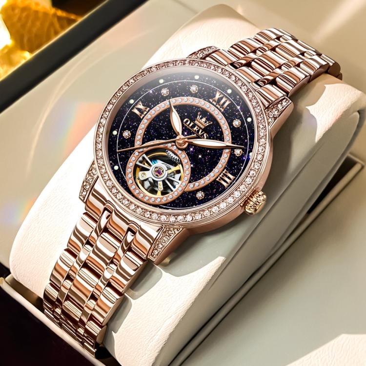 OLEVS 7036 Women Starry Sky Disk Luminous Skeleton Mechanical Watch