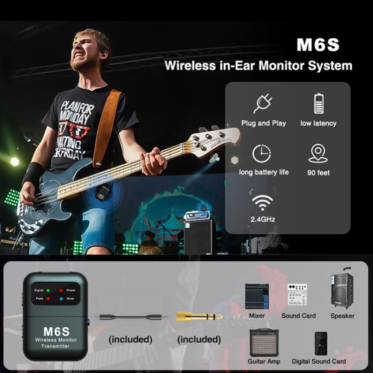 M6S Stereo Wireless In-Ear Monitor System 2.4G Transmitter & Receiver - Black