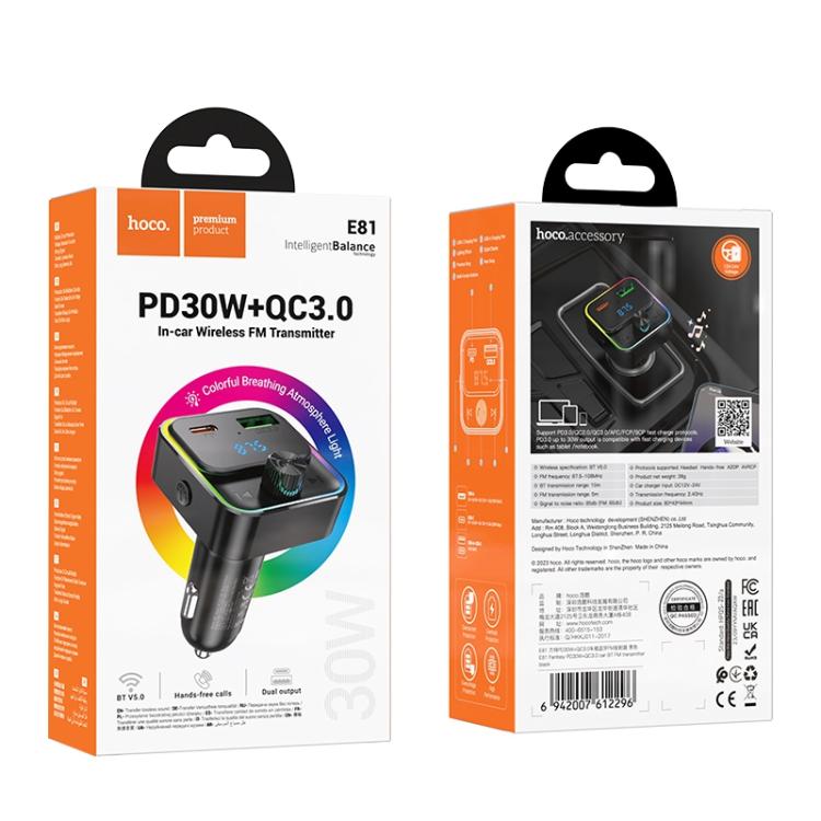 hoco E81 Fantasy PD 30W and QC3.0 Car Bluetooth FM Transmitter - Black