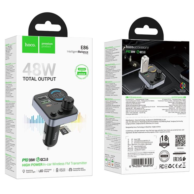 hoco E86 Alegria 48W Dual Port PD 30W and QC 3.0 Car Bluetooth FM Transmitter - Black