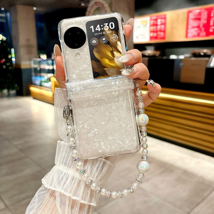 For OPPO Find N3 Flip Three Parts Pearlescent Shell Texture Phone Case with Bracelet