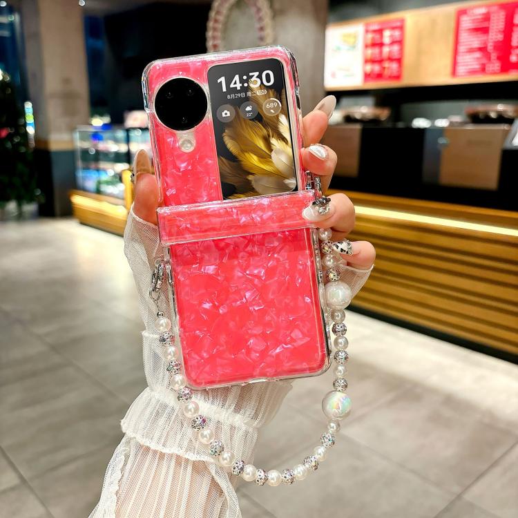 For OPPO Find N3 Flip Three Parts Pearlescent Shell Texture Phone Case with Bracelet