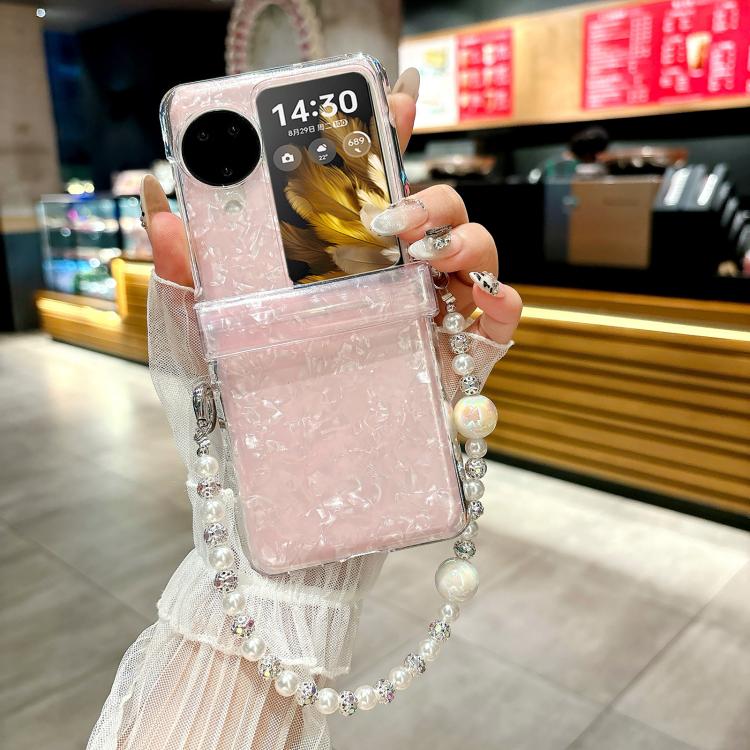 For OPPO Find N3 Flip Three Parts Pearlescent Shell Texture Phone Case with Bracelet