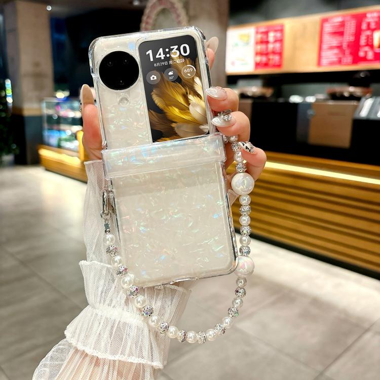 For OPPO Find N3 Flip Three Parts Pearlescent Shell Texture Phone Case with Bracelet