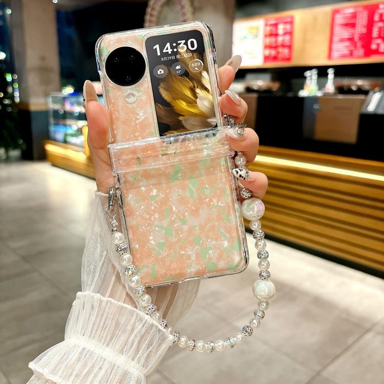 For OPPO Find N3 Flip Three Parts Pearlescent Shell Texture Phone Case with Bracelet