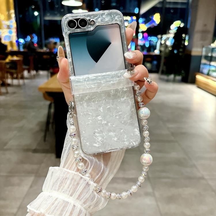 For Samsung Galaxy Z Flip5 Three Parts Pearlescent Shell Texture Phone Case with Bracelet